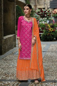 Orange Sharara, Wedding Sharara Suit, Wedding Sharara, Orange And Pink Wedding, Sharara Suit, Pakistani Salwar Kameez, Silk Wedding, Orange Fabric, Pink Silk