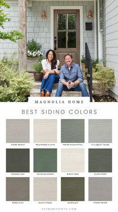 two people sitting on the steps in front of a house with color swats for exterior paint