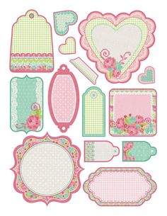 a variety of tags and frames with flowers on them, all in pink and green