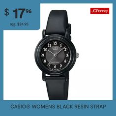 Make an impression with this watch that combines classic lines with modern touches. The round case is detailed with a clean black dial adorned with contrasting numerals and indices. A sleek black resin strap finishes the sophisticated look.Bracelet Dimensions: 9" long; 11.43mm wideModel No.: LQ139A-1B3Features: Analog, Water Resistant, Quick ShipJewelry Closure: BucklePower Source: Battery (included)Watch Movement: QuartzWater Resistance: 100mBand Color: BlackDial Color: BlackCase Thickness: 7.… Trendy Analog Round Dial Watch Accessories, Trendy Analog Watch Accessories With Round Dial, Trendy Analog Watch Accessories, Trendy Black Watch For Everyday Use, Trendy Black Watch As A Gift, Trendy Black Watch For A Gift, Trendy Black Watch For Everyday, Trendy Black Watch For Gift, Trendy Black Everyday Watch