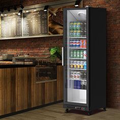 an image of a beverage cooler in the middle of a restaurant kitchen with menus on the wall