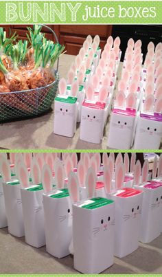 bunny juice boxes are lined up on the table