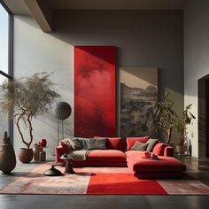 a living room filled with lots of red furniture