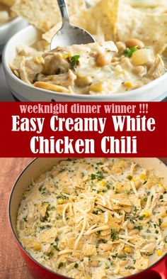 chicken and white bean chili with text overlay that reads, weekend dinner winner easy creamy white chicken chili