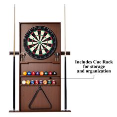 a wooden cabinet with darts and other items on it, labeled to include cue rack for storage and organization