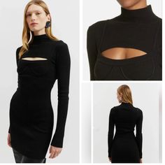 three different pictures of a woman wearing a black dress with cutouts on the back