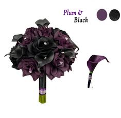 a bridal bouquet with purple and black flowers