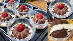 desserts in plastic containers with strawberries on top and chocolate covered desert inside them