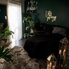 Let's Get Cozy Neon Sign Green Black Gold Decor, Dark Walls Decor, Matte Black Room, Dark And Light Room Ideas, Couple Room Theme Ideas, Dark Home Aesthetic Bedroom, Dark Aethstetic Home Decor, Chill House Decor, Olive Boho Bedroom