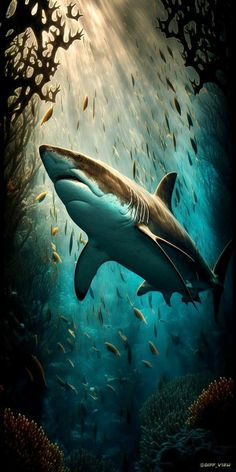 a painting of a great white shark swimming in the ocean with school of fish around it