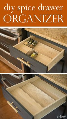 an open drawer with the words diy spice drawer organizer on it