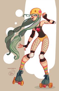 a drawing of a woman riding on roller skates with long hair and green hair