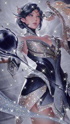 a woman dressed in black and silver holding two spoons with stars on the background