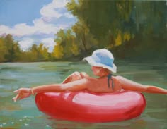 a painting of a woman floating on an inflatable tube