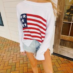 Preppy American Flag Sweater White Knitted Sweater, Flag Sweater, American Flag Sweater, American Flag Design, White Knit Sweater, American Flag Print, Sweater Layering, Comfortable Sweater, Stylish Sweaters