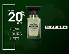 a bottle of cologne sitting on top of a green background with the words, 20 % off