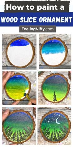 how to paint a wood slice ornament with different colors and trees on it