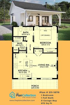 small farmhouse plans 1 bedroom, Plan # 211-1070 12x 40 House Plans, Small Modern Home Layout, Adu Homes, Tiny Farmhouse Plans, Bath House Ideas, Two Bedroom Cottage, American House Design, Mini Farmhouse, Small Living Spaces