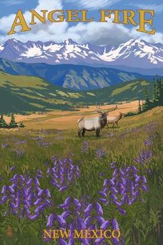 an animal standing on top of a lush green field covered in purple wildflowers