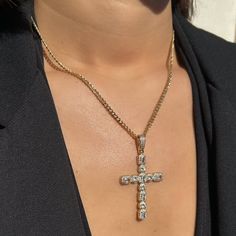 Elegant Gold Cross Necklace With Chain, Luxury Cubic Zirconia Cross Jewelry, Luxury Cross Necklace With Diamond Accents, Luxury Diamond Cut Cross Jewelry, Elegant Crucifix Cross Necklace With Chain, Elegant Gold Crucifix Jewelry, Luxury Cross-shaped Diamond Cut Jewelry, Gold Pendant Cross Necklace With Diamond Cut, Gold Diamond Cut Cross Pendant Necklace