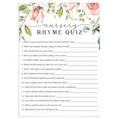 Blush baby shower games nursery rhyme quiz printable by LittleSizzle Bridal Shower Quiz, Spring Baby Shower Decorations, Bridal Shower Question Game, Nursery Rhyme Quiz, Bridal Shower Checklist, Baby Party Games, Game Worksheet, Spring Baby Shower Invitations, Nursery Rhymes Games