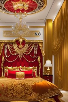 a bedroom with gold and red decor on the walls, bed in front of a chandelier