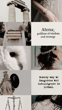 a collage of different images with the words attena, goddess of wisdom and strategy