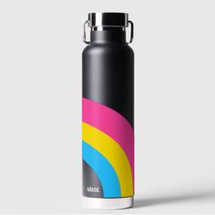 thermos bottle is designed to look like it has a rainbow design on it