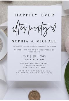 a white wedding card with the words happily ever after party written on it next to a penny