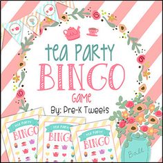 the mother's day tea bingo game is shown in pink and blue with flowers