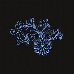 a blue snowflake on a black background with white swirls and stars in the center