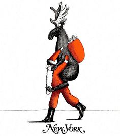 a drawing of a man in an orange suit carrying a deer on his back with the words new york written across it