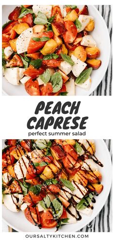 two plates filled with grilled vegetables and the words peach caprese perfect summer salad