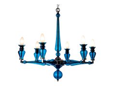 a blue chandelier with six lights hanging from it's center and four arms