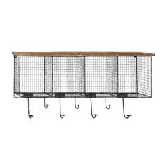 three metal wire baskets hanging from hooks on a white wall with two wooden shelfs