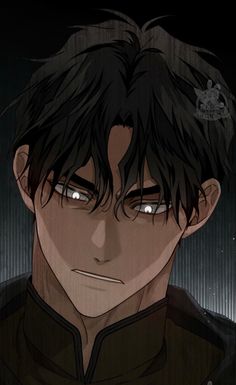 an anime character with black hair and eyes looking at the camera, in front of a dark