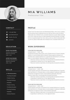 a black and white professional resume template with an image on the front, one page