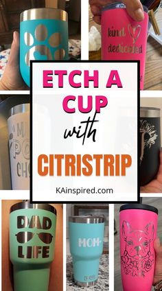 some cups that are in different colors with the words etc cup on them and an image of