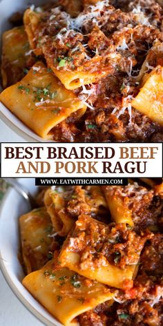 the best baked beef and pork ragu in a white bowl with parmesan cheese on top