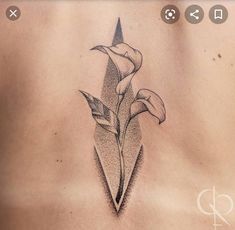 a tattoo on the back of a man's chest with an arrow and flower