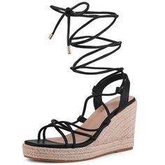 Few fashion items are more fit for the title of summer classic than a pair of espadrilles heel sandals. Set on 10cm stable heels, our strappy wedge offers a high heel as well as the sturdiness of comfortable shoes that will take your everyday ensembles to new style heights. Wedge Heel Sandals; Platform; Strappy; Espadrille; Lace-up Style; Vamp: Faux Leather; Outsole: TPR; Heel: Espadrille + EVA;
Heel Hight: 3 9/8 inches; Platform Hight: 1 inches. Heeled Espadrilles, Lace Up Espadrilles, Platform Espadrilles, Strappy Wedges, Black Wedge Sandals, Open Toe Shoes, Wedge Heel Sandals, Black Sandals Heels, Heels & Wedges