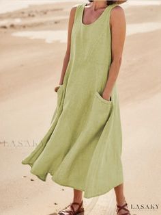 Lasaky - Elegant Blouse Dress with Round Neck and Sleeveless Design Plus Size Cocktail Attire, Long Dress Casual Summer, Pijamas Women, Summer Pullover, Linen Sundress, Sleeveless Linen Dress, Cotton Linen Dresses, Cocktail Attire, Elegant Blouses