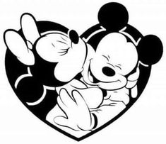 mickey and minnie mouse hugging each other in the shape of a heart with black and white outline