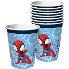 spiderman paper cups are stacked on top of each other