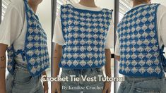 Crochet Tie Front Vest Pattern Free, Crochet Tie Top Pattern, Crochet Vest Tie Sides, Crochet Tie Vest Pattern Free, Crochet Tie Vest Pattern, Crochet Side Tie Top, Crochet Front Tie Vest, Vest Tutorial, Crochet Tie Vest