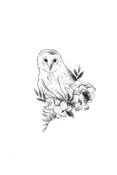 an owl sitting on top of a branch with flowers in it's beaks