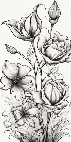 a drawing of some flowers on a white background with black and white lines in the middle