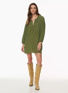 DOLLHOUSE DRESS | Aritzia Green Bohemian Button-up Dress, Fall Beach Button-up Mini Dress, Relaxed Fit Mini Dress With Buttons, Casual Dresses For Fall Gatherings, Casual Fall Dresses For Gatherings, Flowy Rayon Mini Dress For Daywear, Green Mini Dress For Fall Daywear, Rayon Dress For Daywear In Fall, Casual Long Sleeve Dresses For Gatherings