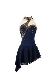 a women's gymnastics dress with sequins on the neck and back, in navy