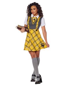 If you're all about justice, patience, and hard work, you belong in this Hufflepuff uniform! This officially licensed Hufflepuff costume includes a dress with a short-sleeved, collared undershirt, an attached sweater vest and suspenders, and a matching tie. Get ready to work your magic alongside your fellow Harry Potter fans! Officially licensed Includes: Dress with attached undershirt, suspenders, and vest Tie Short sleeves Material: Polyester, spandex Care: Spot clean Imported Note: Socks, sho Huffle Puff Costume, Harry Potter Costume Black Women, Hufflepuff Bounding, Harry Potter Halloween Costumes Hufflepuff, Hp Hufflepuff Uniform, Collared Undershirt, Hufflepuff Womens Outfit, Quidditch Uniform Hufflepuff, Hufflepuff Dress